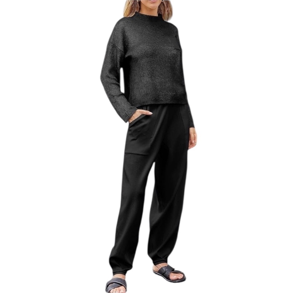 Boutique Womens Black Knit High Rise Comfy Track Lounge Sweater Set Large NWOT